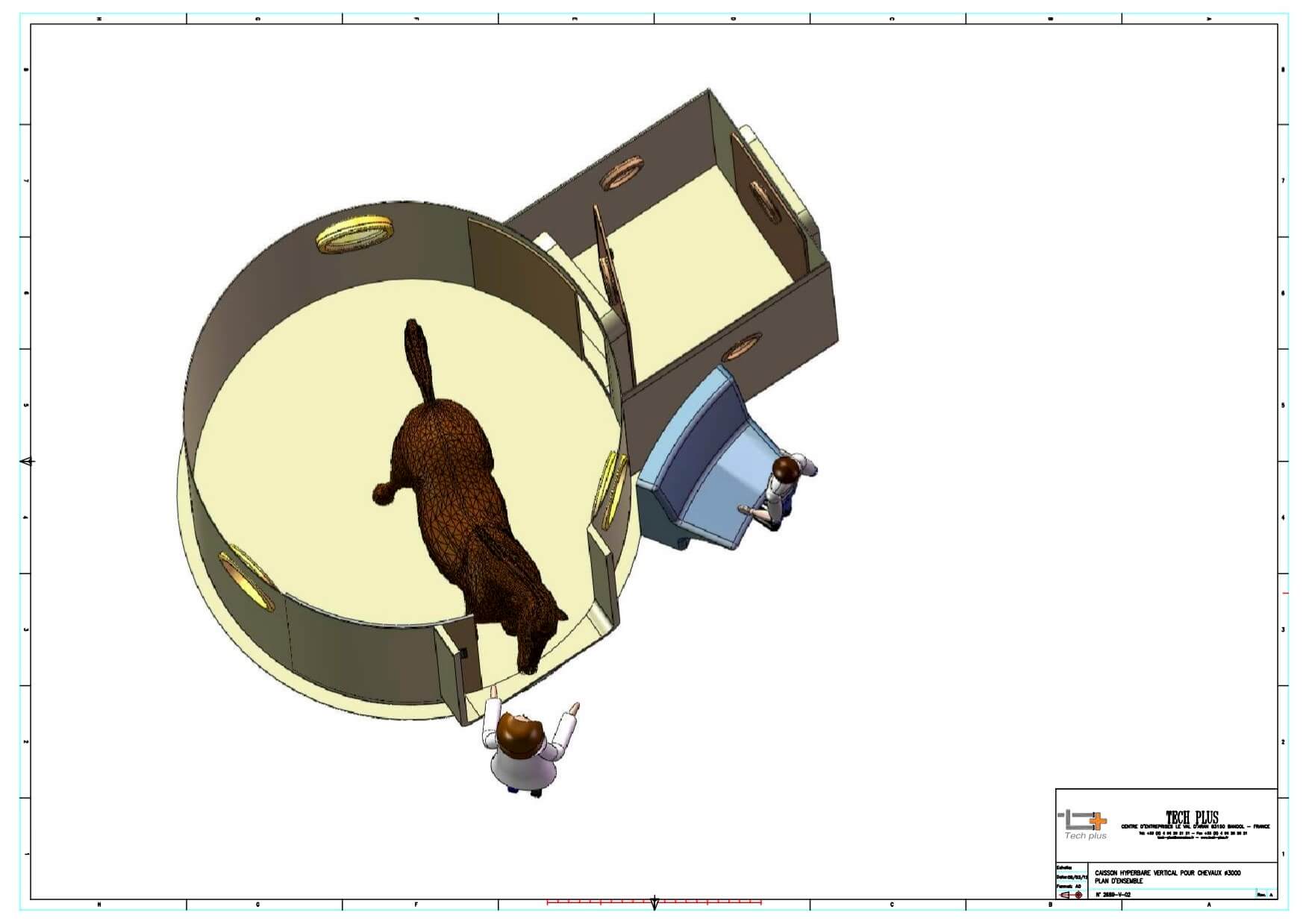 Plan d'ensemble Tech Plus d'un caisson hyperbare vertical pour chevaux, vue de dessus